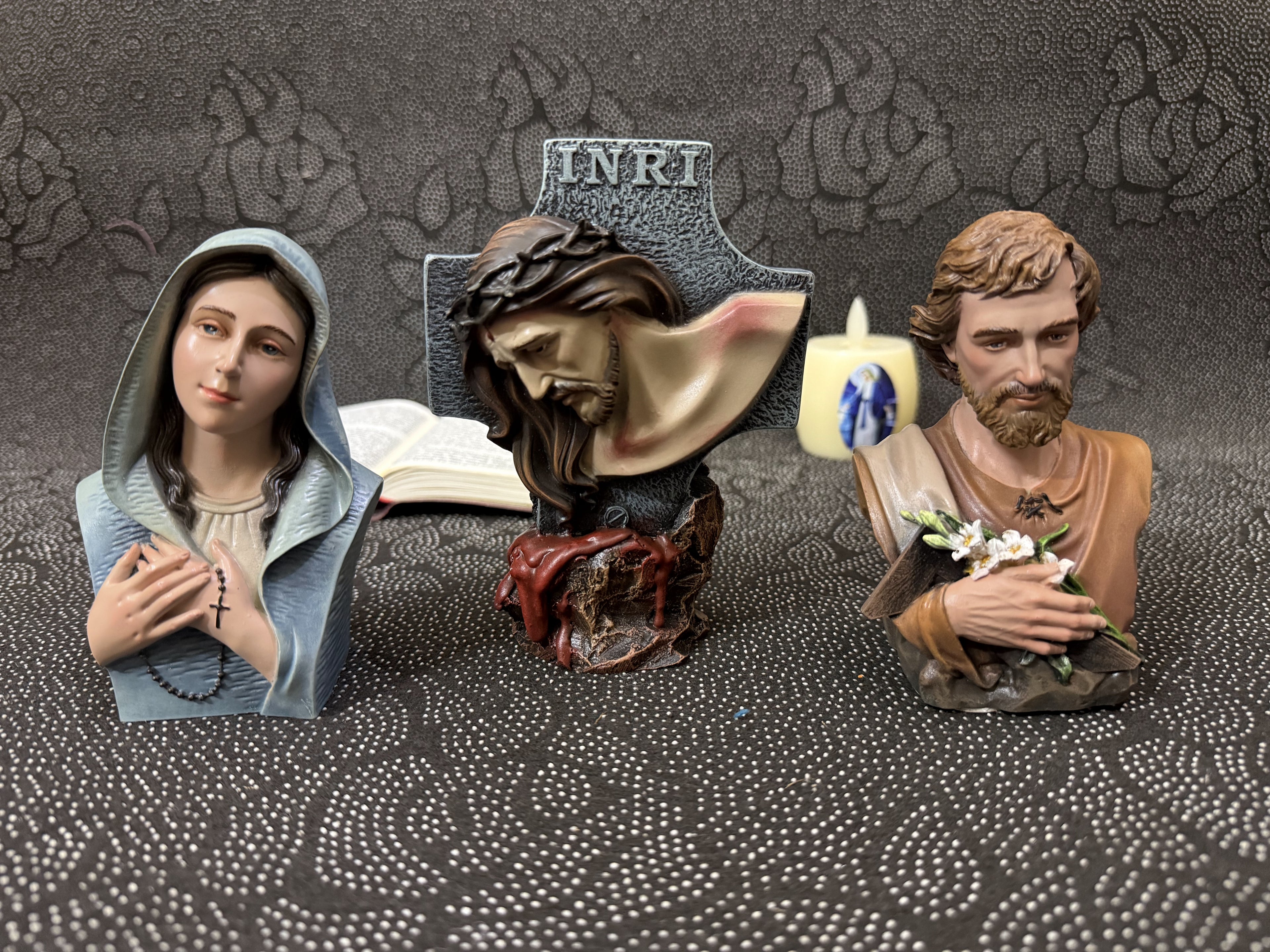 Hand-painted Catholic statue set with Virgin Mary, Passion of Christ, and Saint Joseph