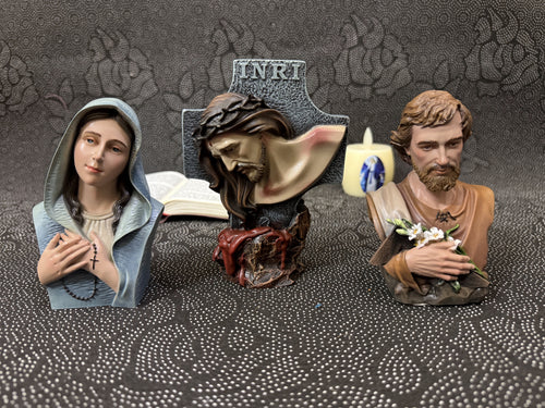 Hand-painted Catholic statue set with Virgin Mary, Passion of Christ, and Saint Joseph