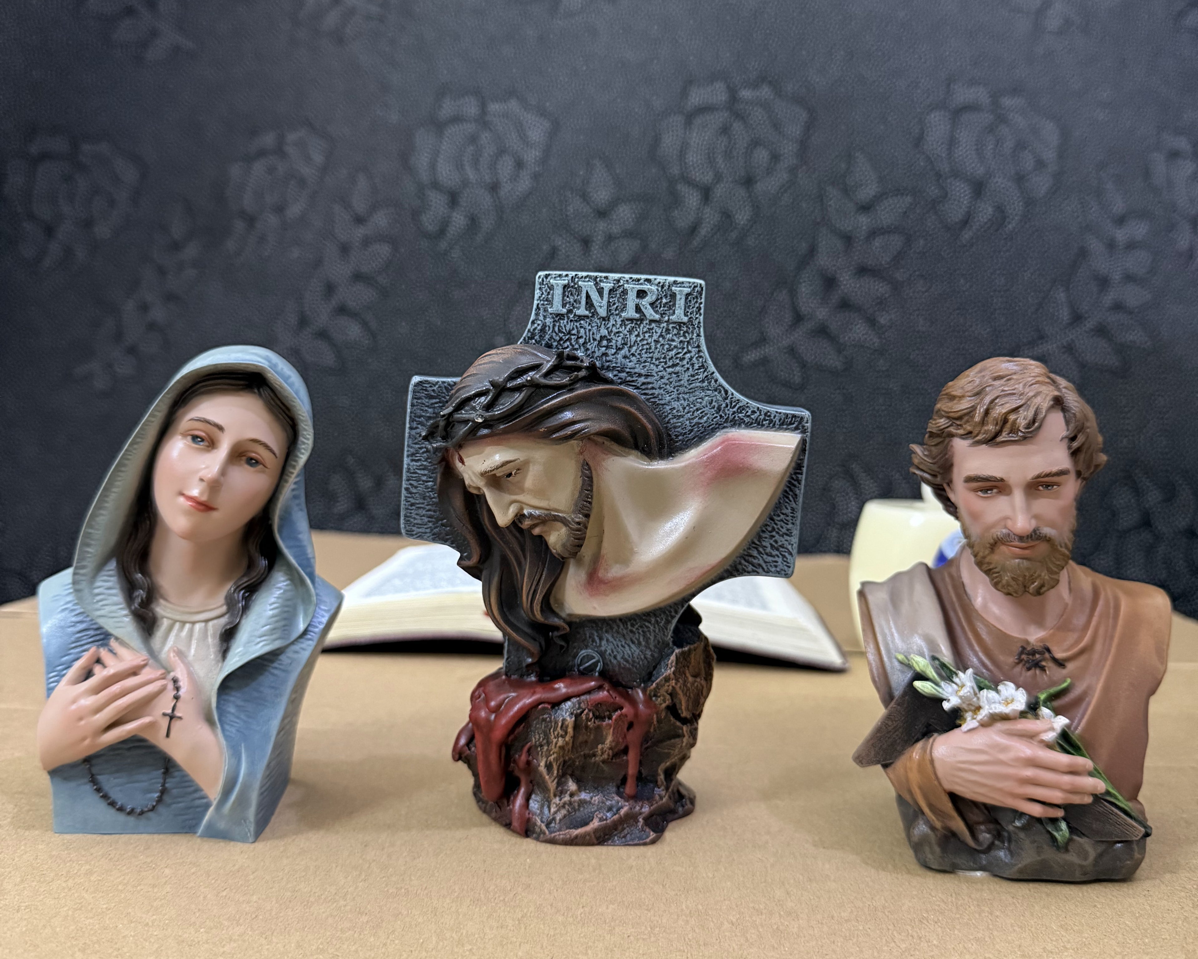 Hand-painted Catholic statue set with Virgin Mary, Passion of Christ, and Saint Joseph