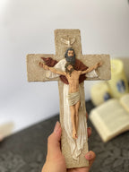 Hand-painted Holy Trinity wall crucifix with God the Father, Jesus Christ, and Holy Spirit dove