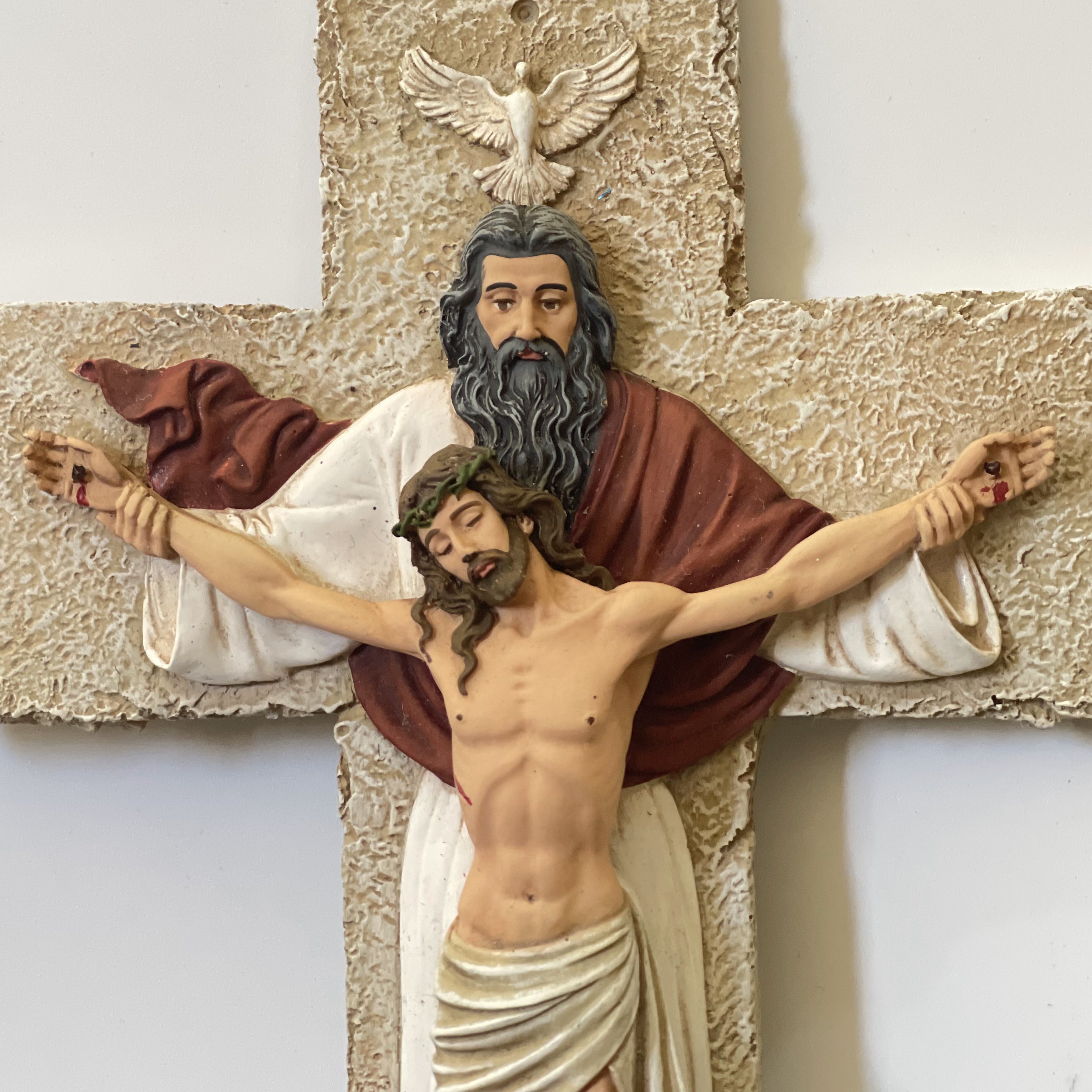 Hand-painted Holy Trinity wall crucifix with God the Father, Jesus Christ, and Holy Spirit dove