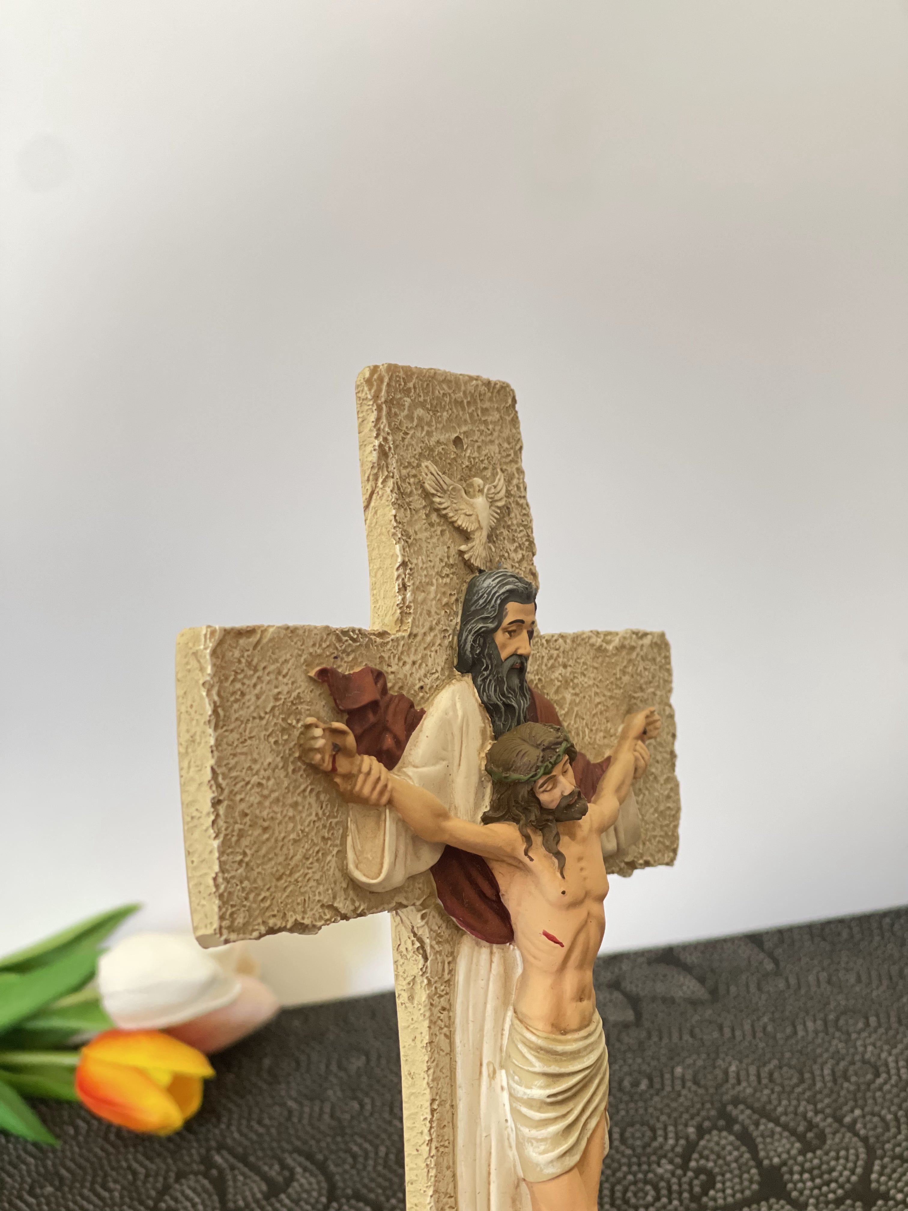 Hand-painted Holy Trinity wall crucifix with God the Father, Jesus Christ, and Holy Spirit dove