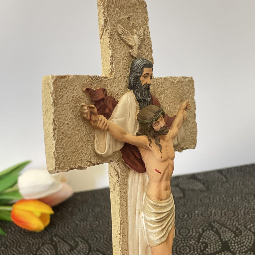 Hand-painted Holy Trinity wall crucifix with God the Father, Jesus Christ, and Holy Spirit dove