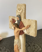 Hand-painted Holy Trinity wall crucifix with God the Father, Jesus Christ, and Holy Spirit dove