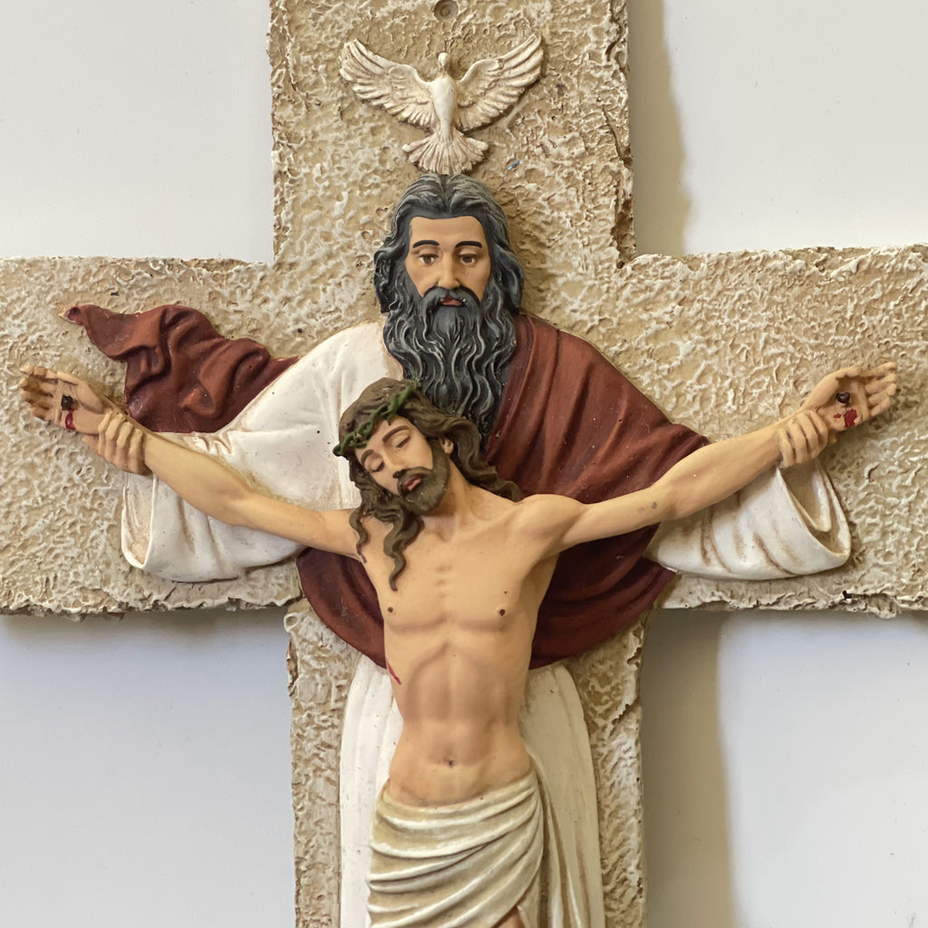 Hand-painted Holy Trinity wall crucifix with God the Father, Jesus Christ, and Holy Spirit dove