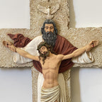 Hand-painted Holy Trinity wall crucifix with God the Father, Jesus Christ, and Holy Spirit dove