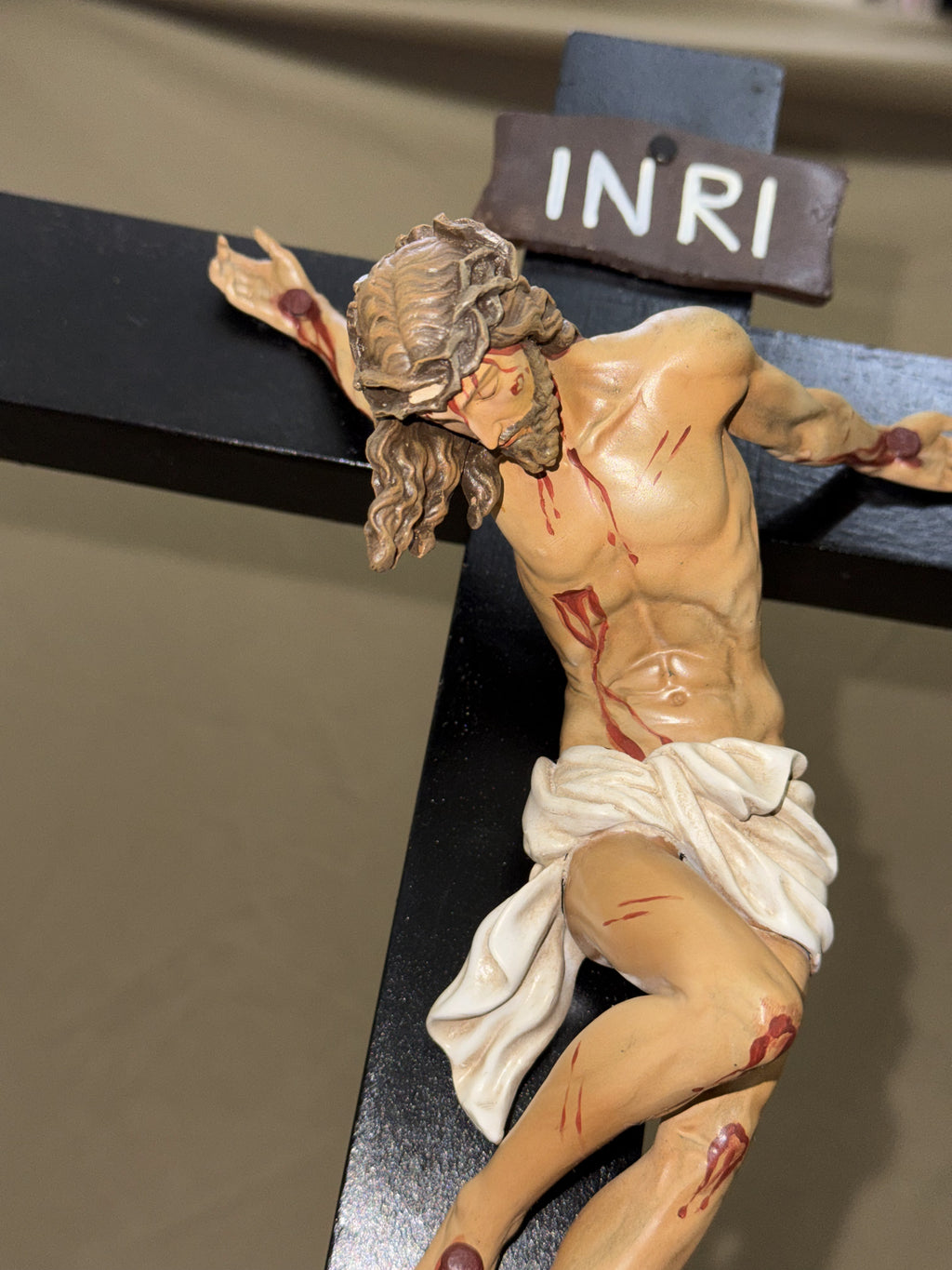 Hand-painted Jesus Crucified wall crucifix with INRI plaque for Catholic home altar