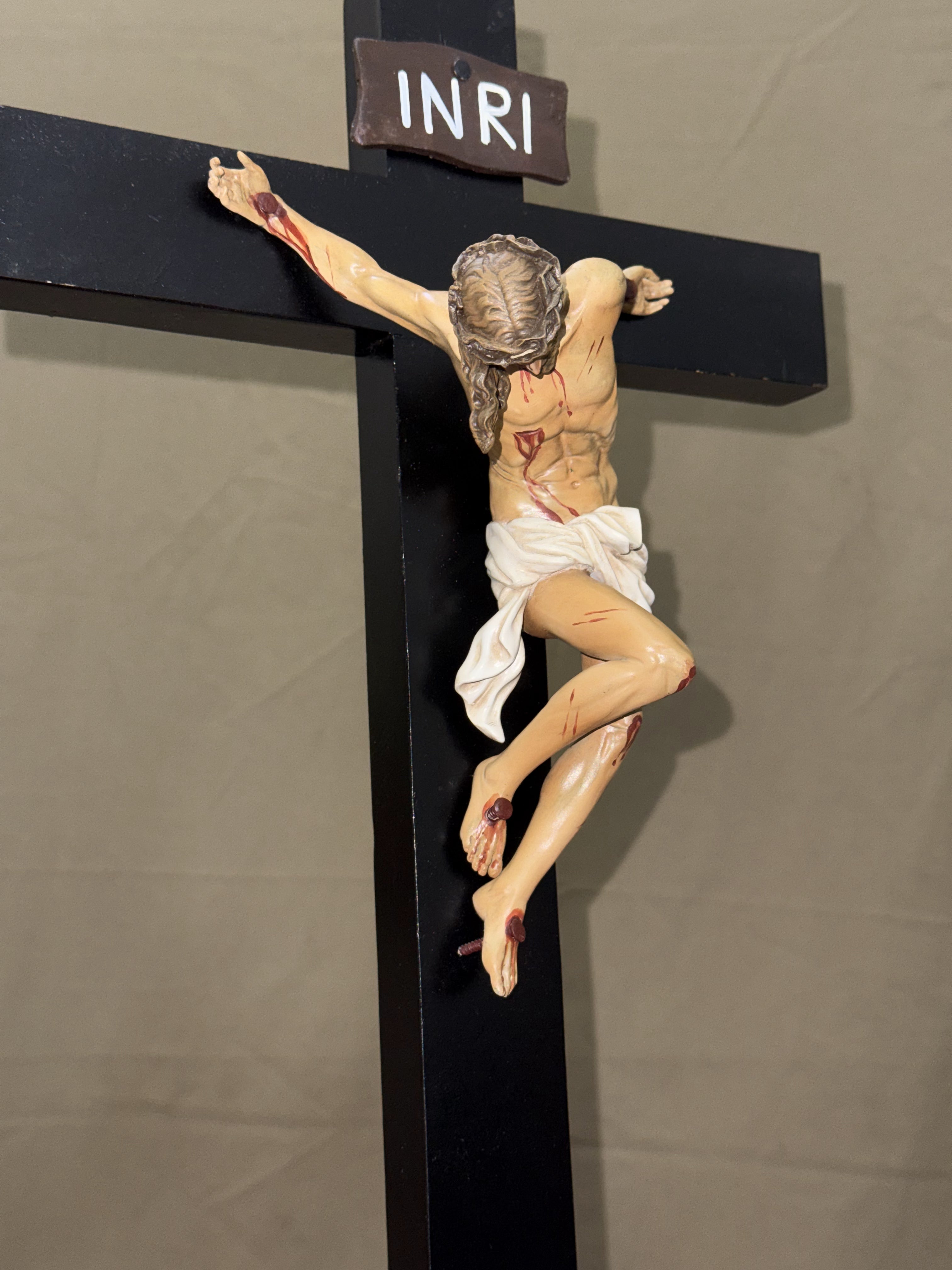 Hand-painted Jesus Crucified wall crucifix with INRI plaque for Catholic home altar