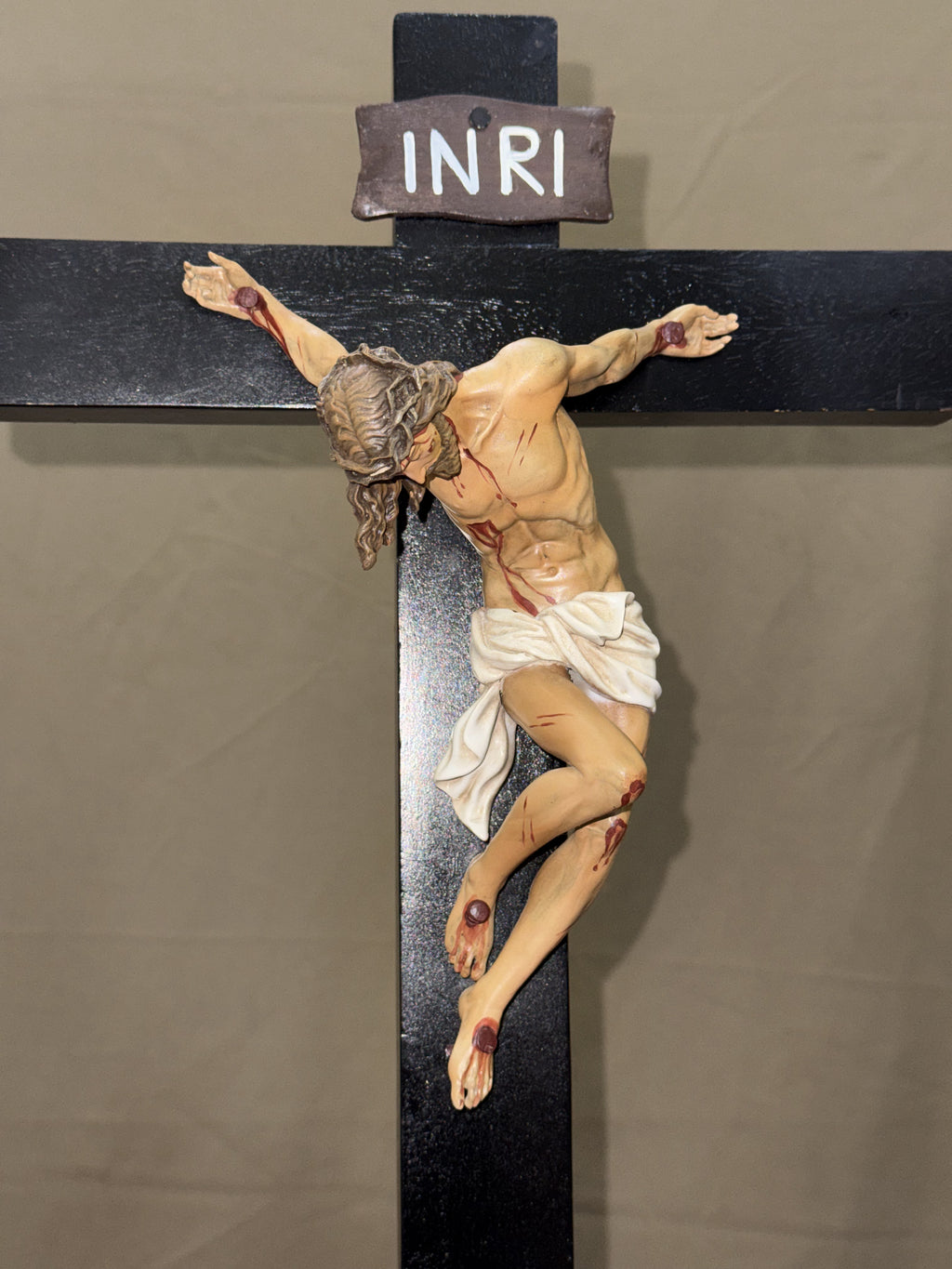 Hand-painted Jesus Crucified wall crucifix with INRI plaque for Catholic home altar