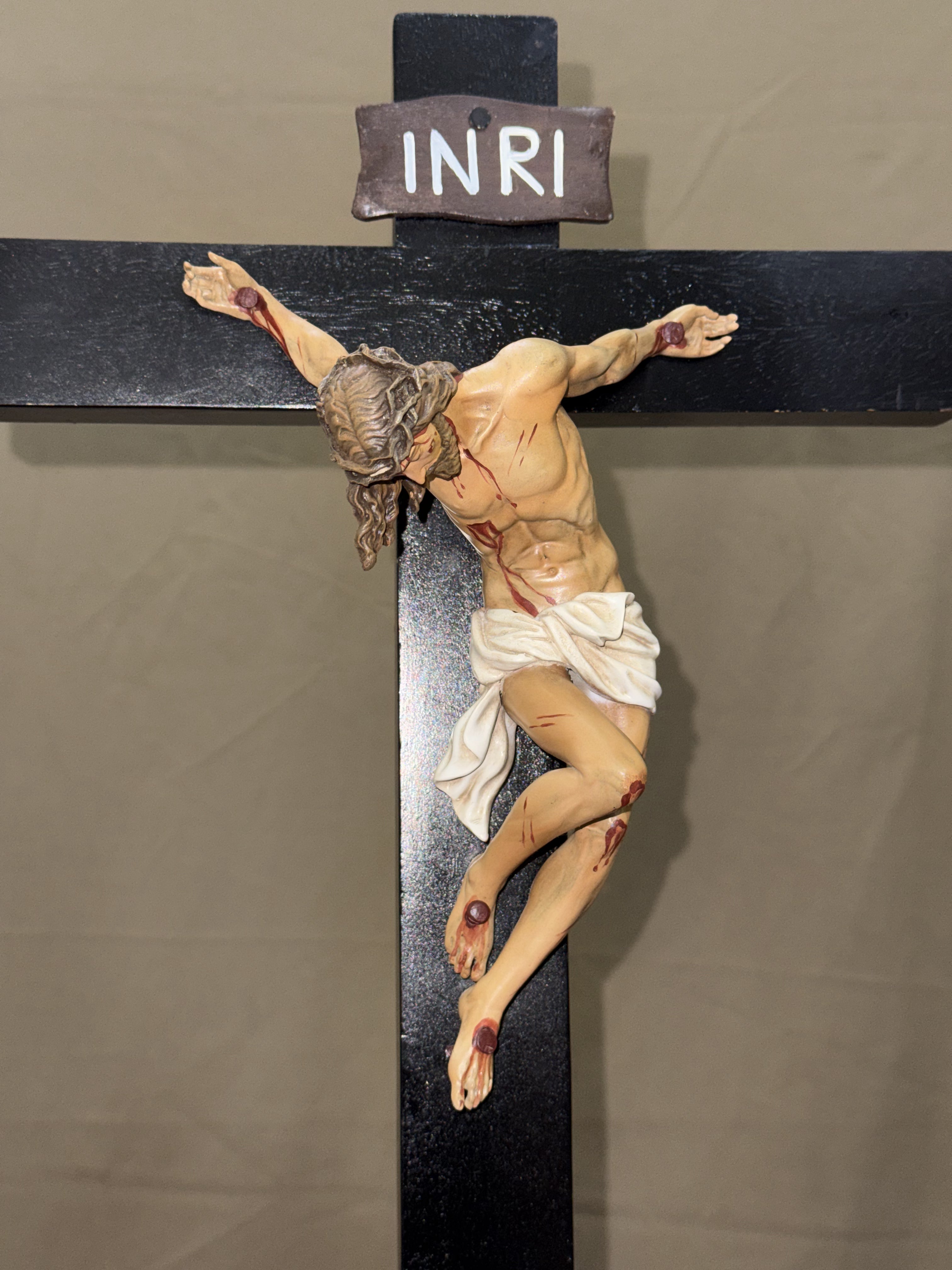 Hand-painted Jesus Crucified wall crucifix with INRI plaque for Catholic home altar