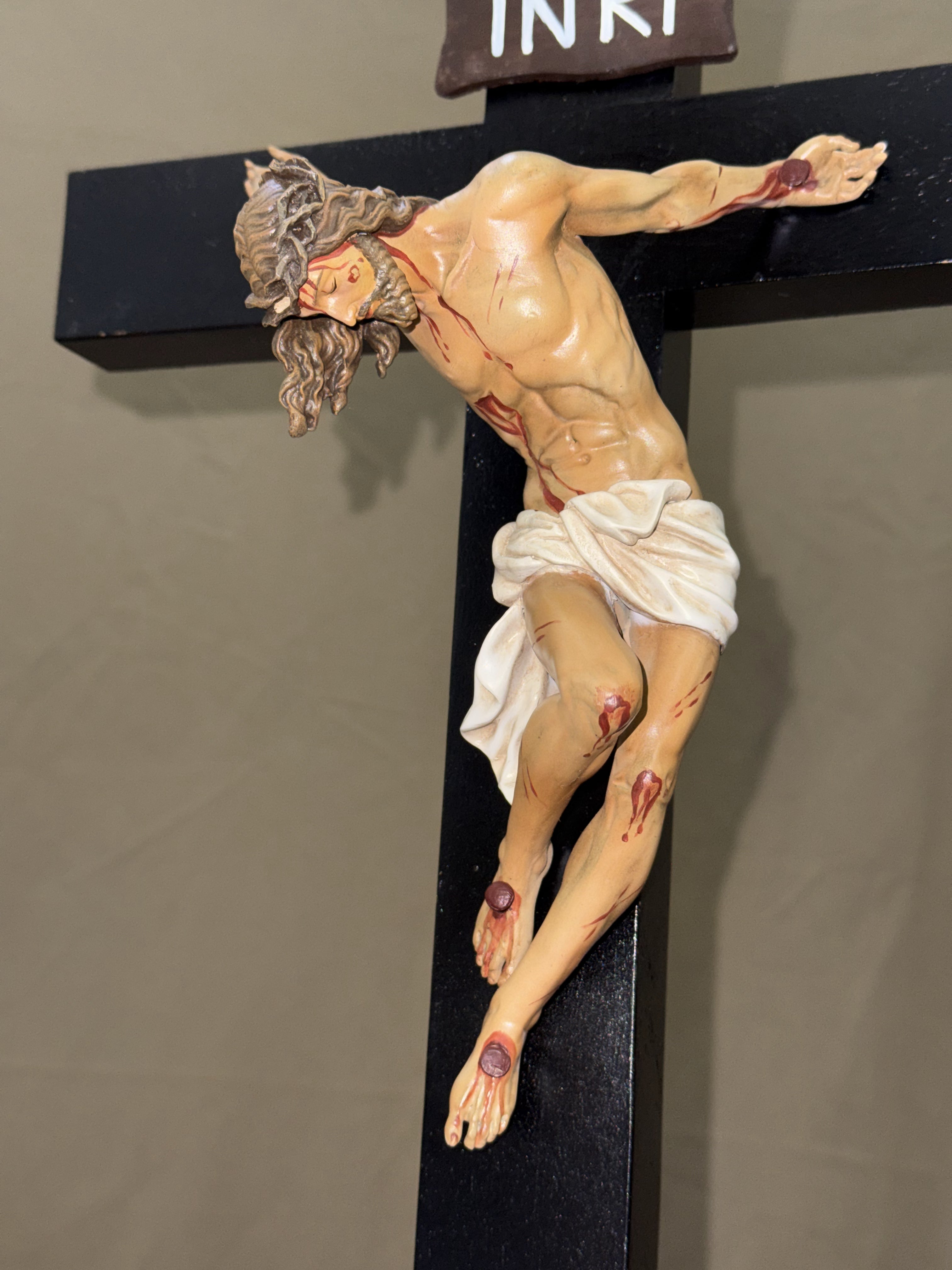Hand-painted Jesus Crucified wall crucifix with INRI plaque for Catholic home altar