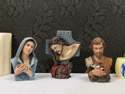Hand-painted Catholic statue set with Virgin Mary, Passion of Christ, and Saint Joseph