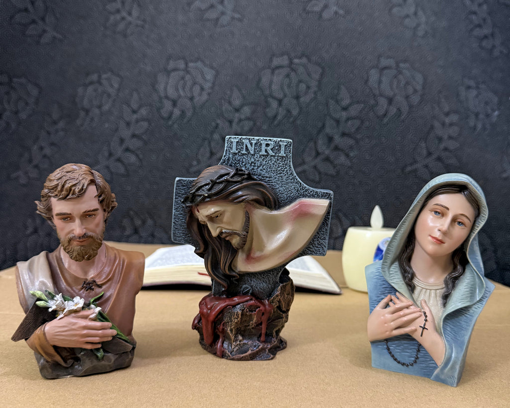 Hand-painted Catholic statue set with Virgin Mary, Passion of Christ, and Saint Joseph