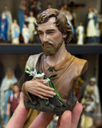 Mini hand-painted Saint Joseph bust statue with brown robe and lily detail