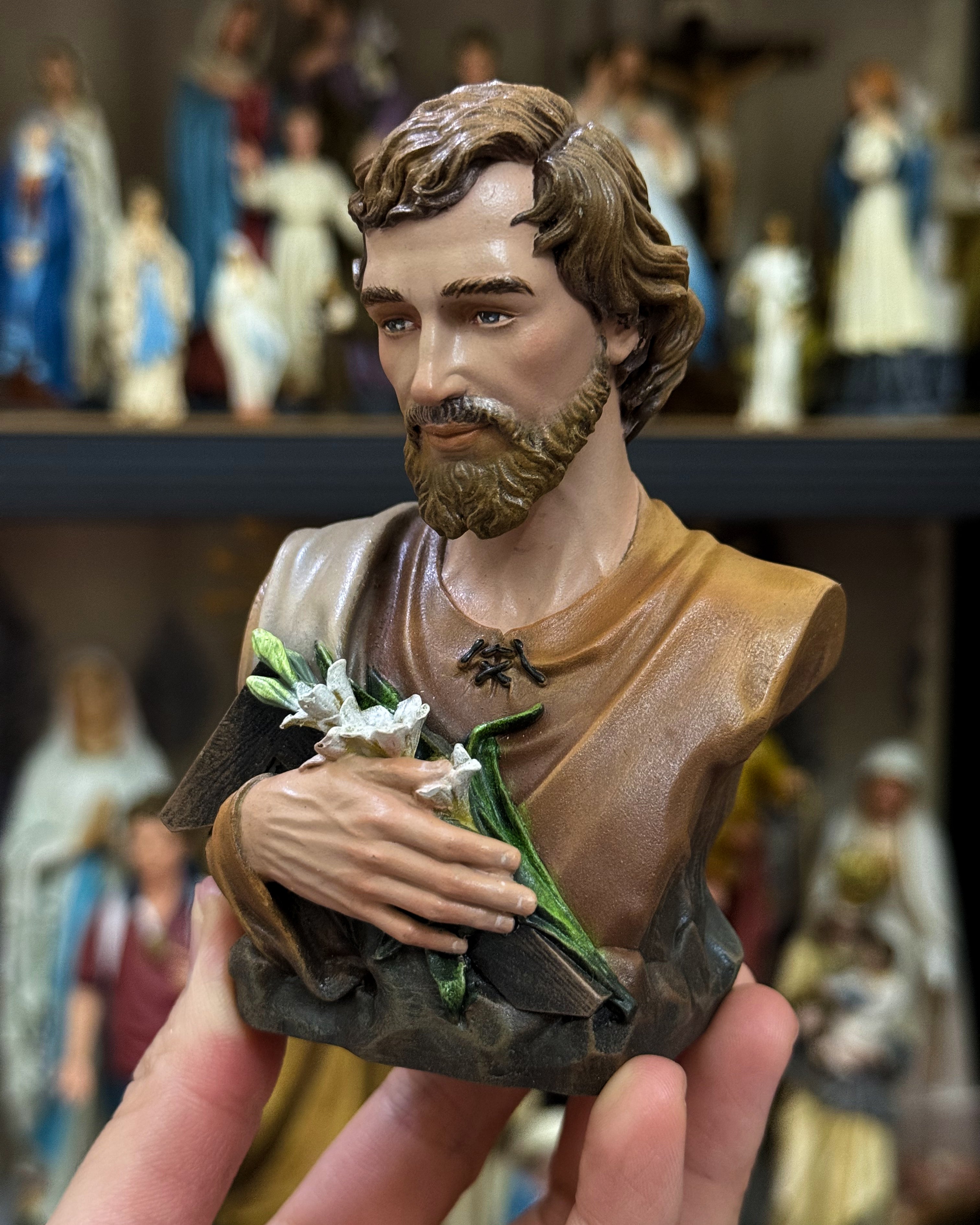 Mini hand-painted Saint Joseph bust statue with brown robe and lily detail