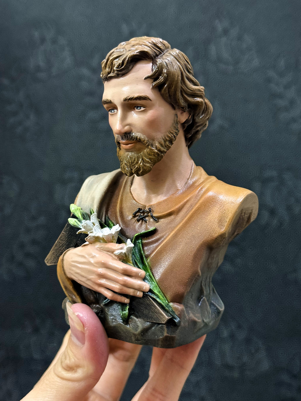 Mini hand-painted Saint Joseph bust statue with brown robe and lily detail
