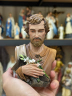 Mini hand-painted Saint Joseph bust statue with brown robe and lily detail