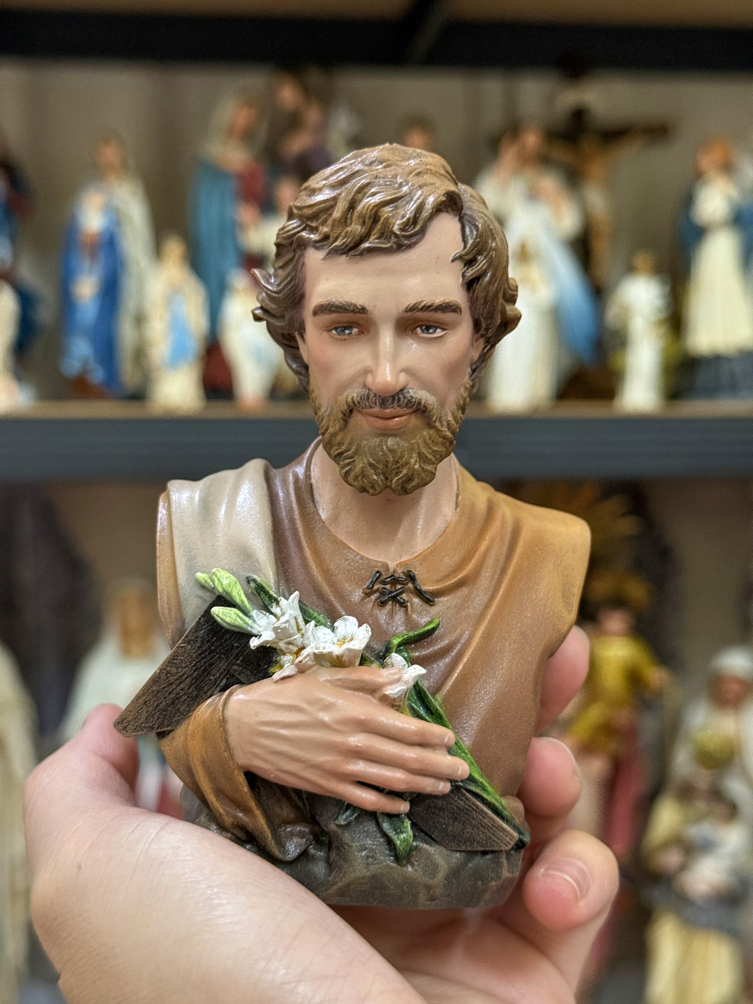Mini hand-painted Saint Joseph bust statue with brown robe and lily detail