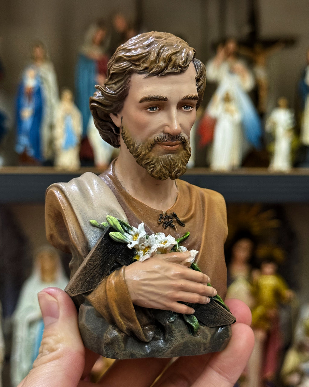 Mini hand-painted Saint Joseph bust statue with brown robe and lily detail