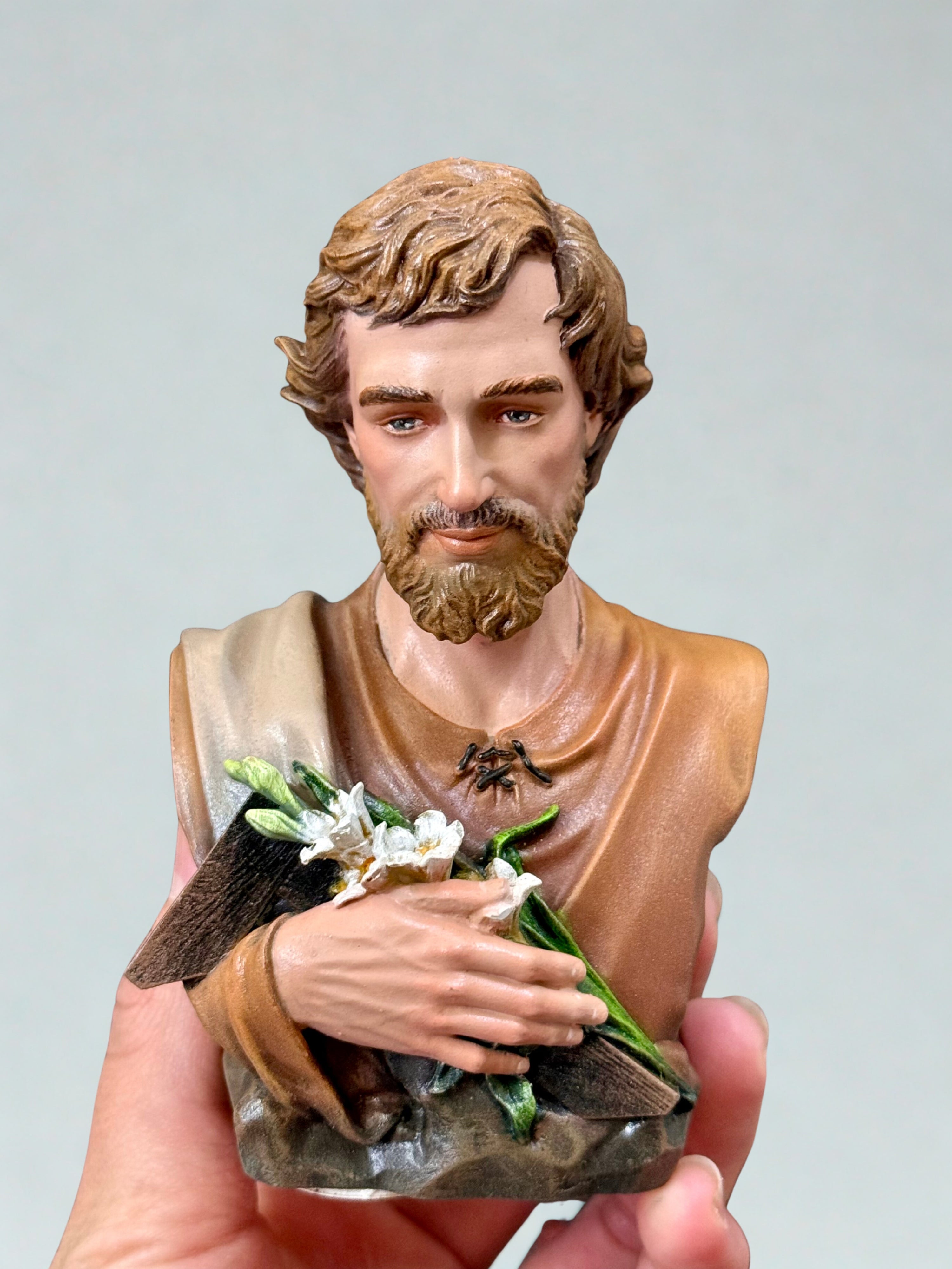 Mini hand-painted Saint Joseph bust statue with brown robe and lily detail