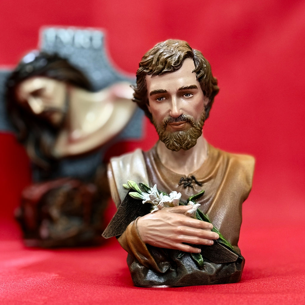 Mini hand-painted Saint Joseph bust statue with brown robe and lily detail