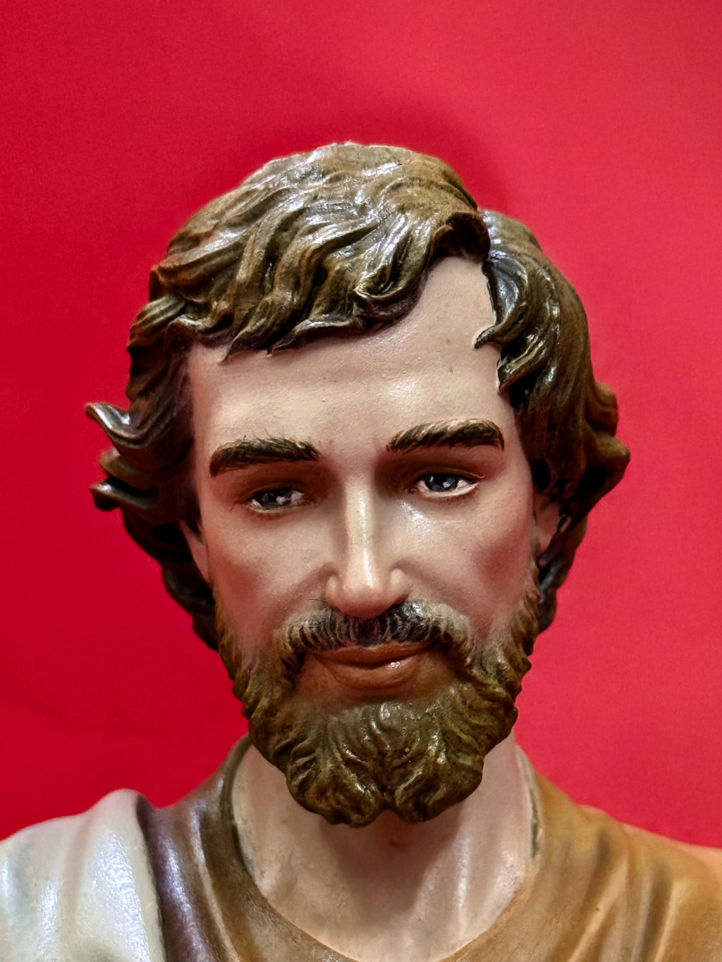 Mini hand-painted Saint Joseph bust statue with brown robe and lily detail