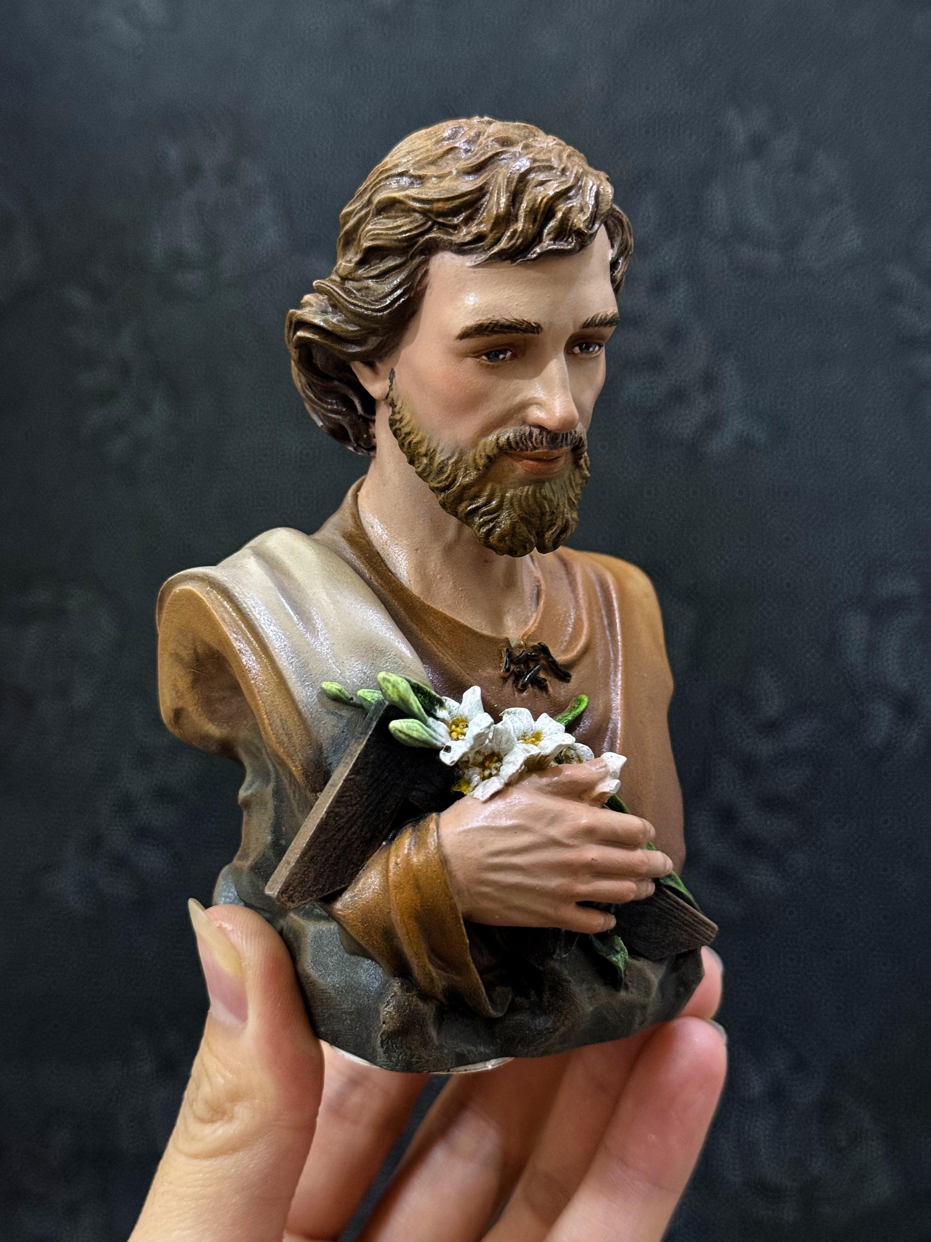Mini hand-painted Saint Joseph bust statue with brown robe and lily detail