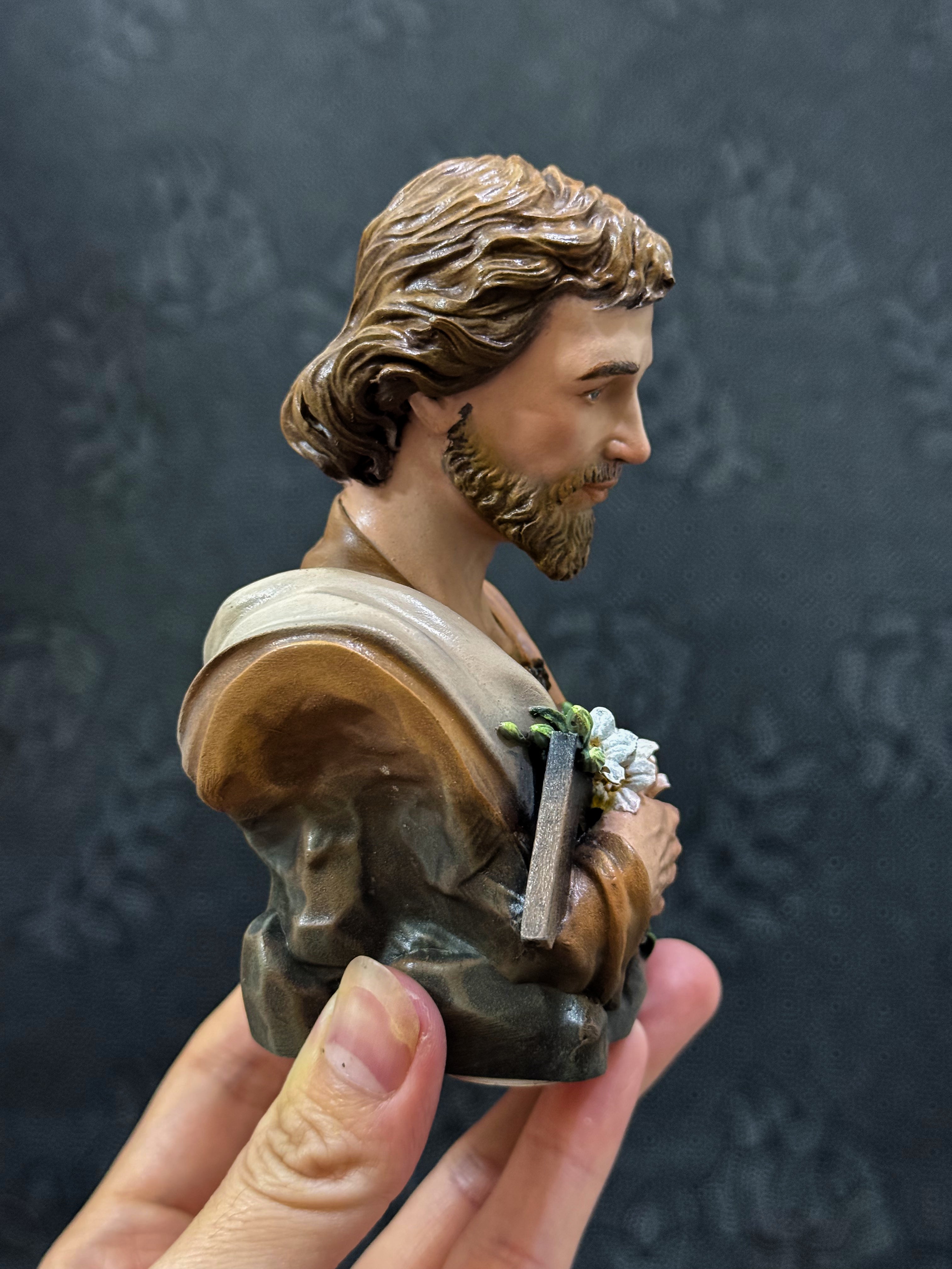 Mini hand-painted Saint Joseph bust statue with brown robe and lily detail