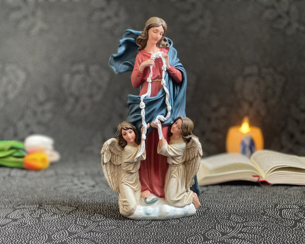 Hand-painted Our Lady Undoer of Knots statue with angels and ribbon detail
