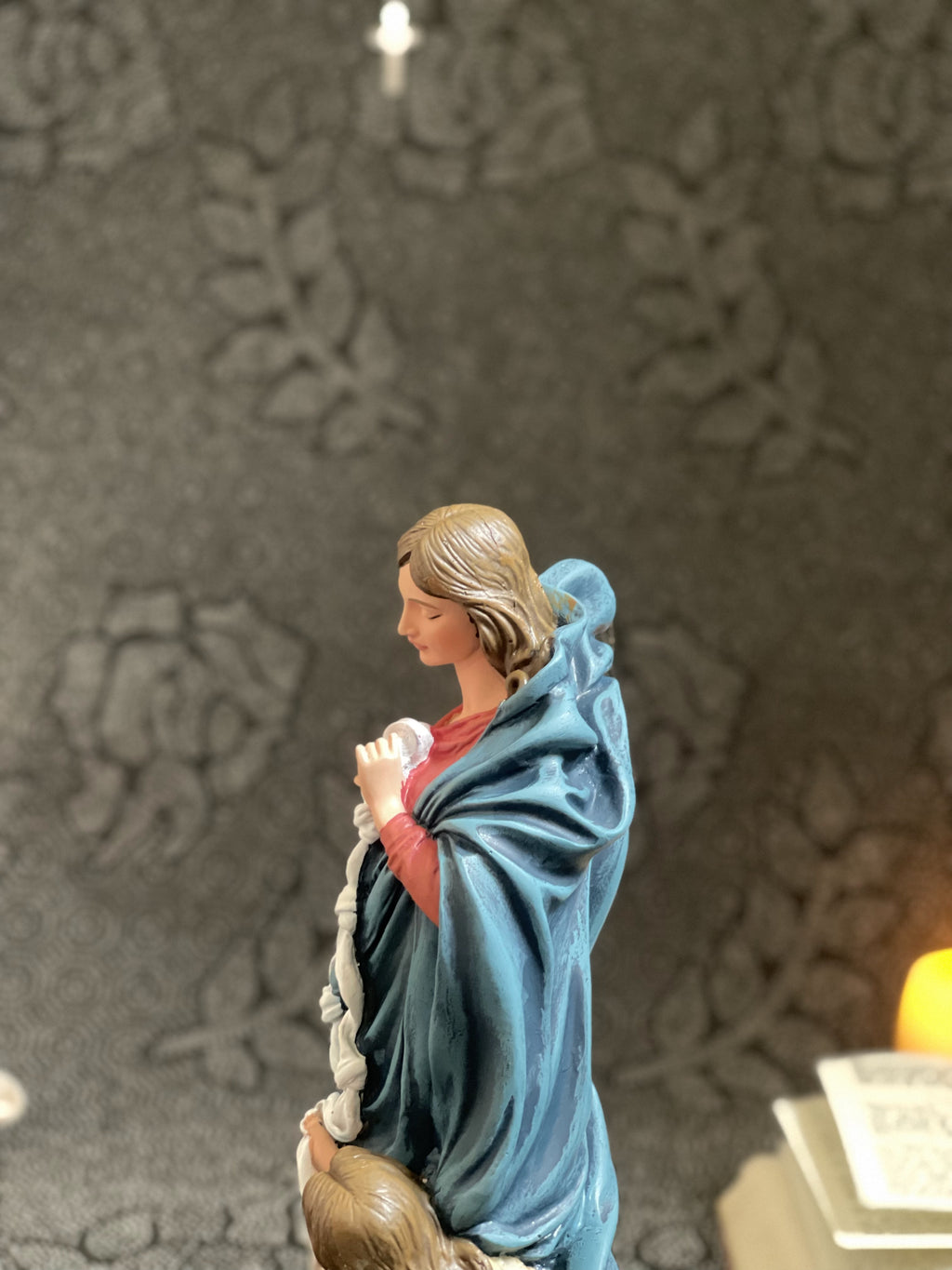 Hand-painted Our Lady Undoer of Knots statue with angels and ribbon detail