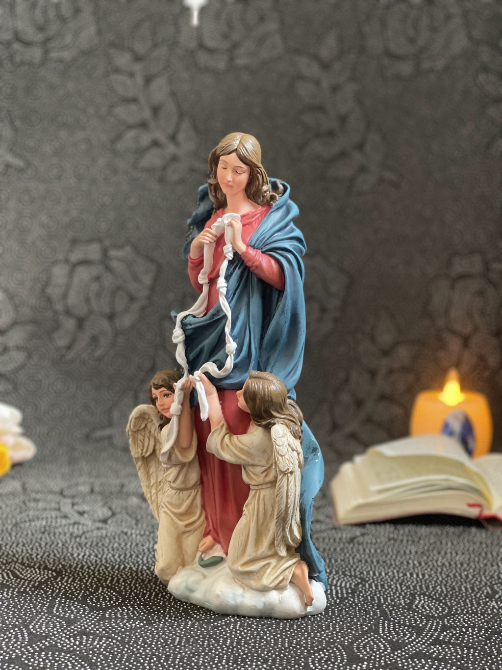Hand-painted Our Lady Undoer of Knots statue with angels and ribbon detail