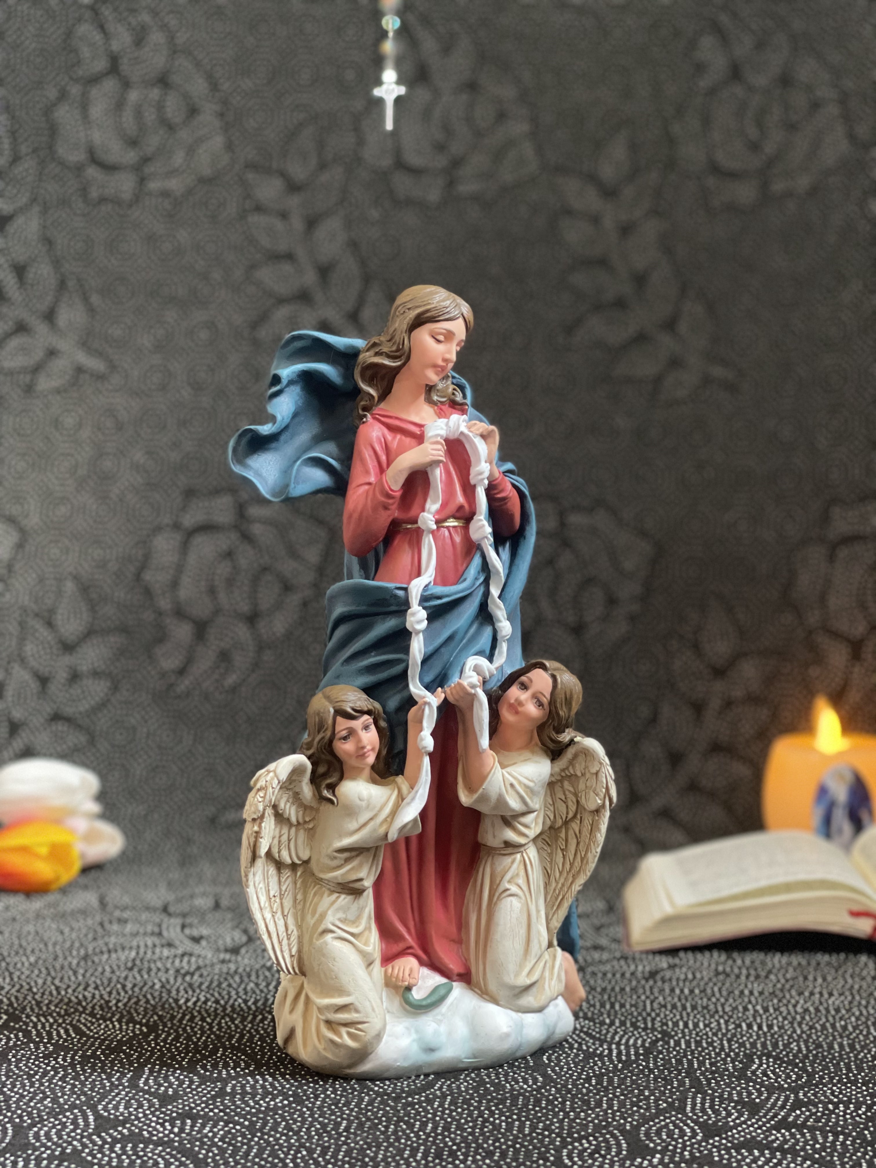 Hand-painted Our Lady Undoer of Knots statue with angels and ribbon detail