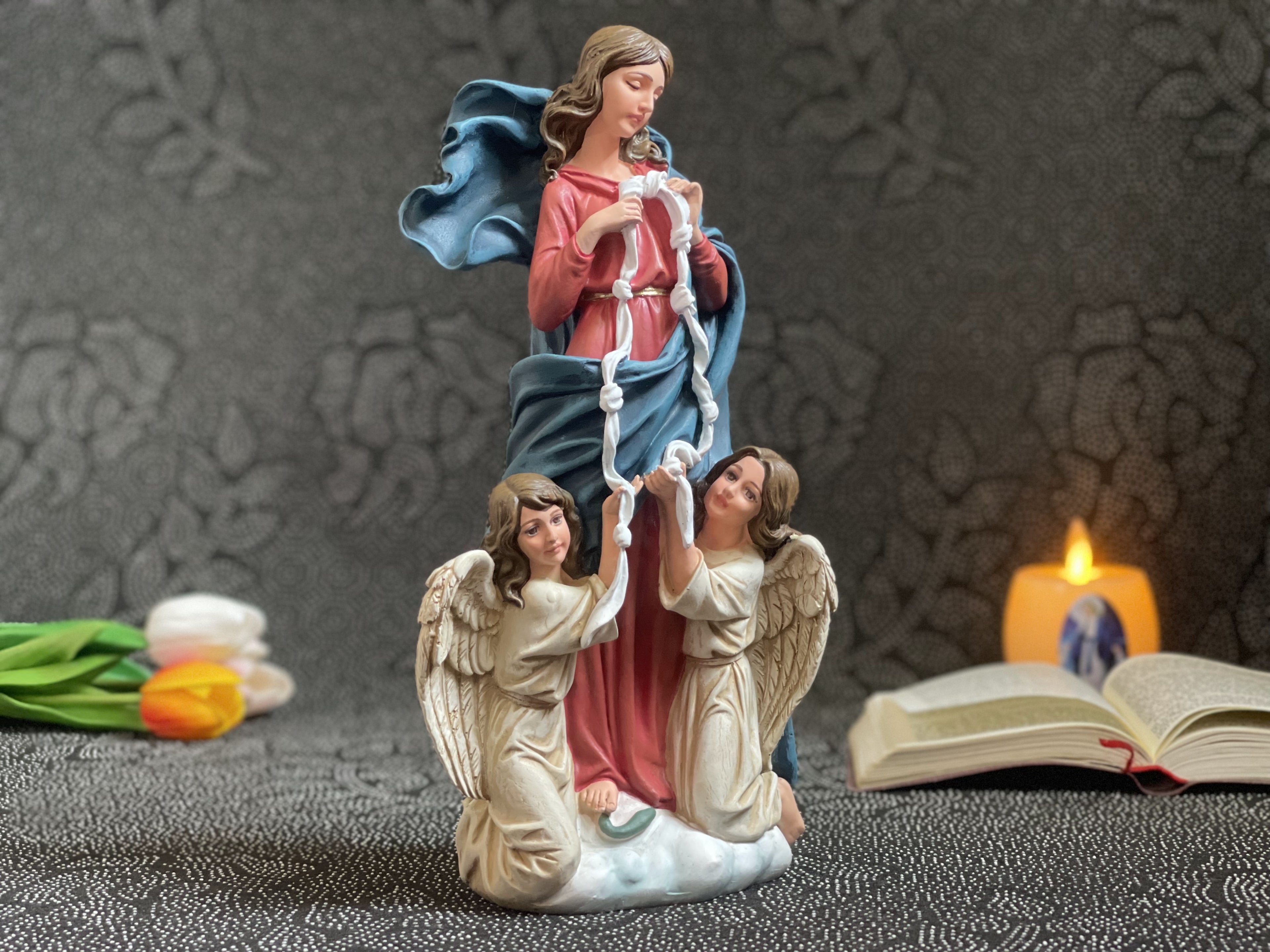 Hand-painted Our Lady Undoer of Knots statue with angels and ribbon detail