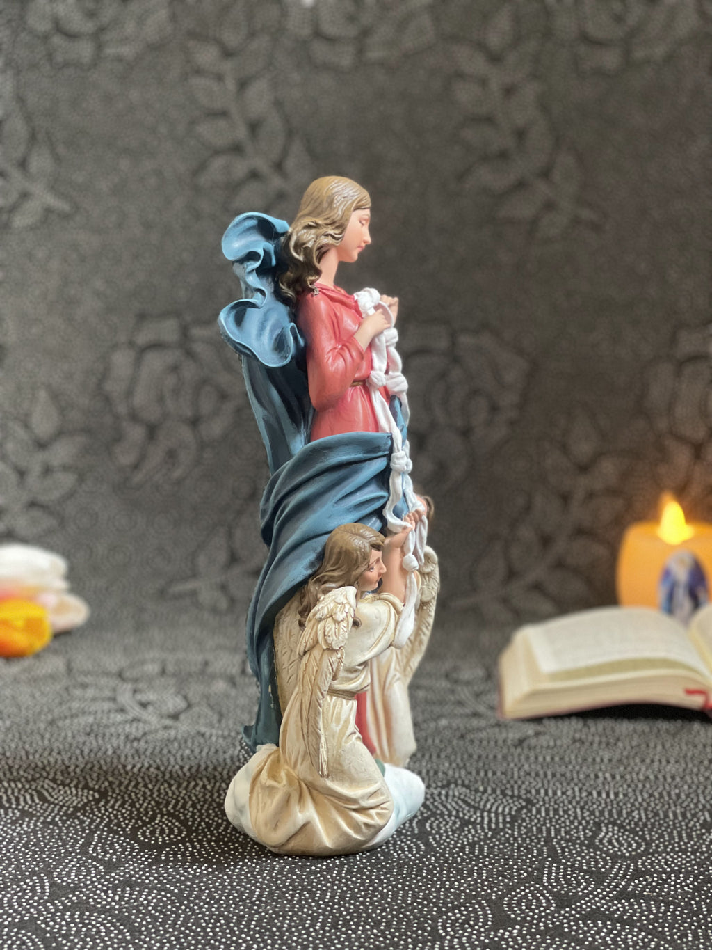 Hand-painted Our Lady Undoer of Knots statue with angels and ribbon detail