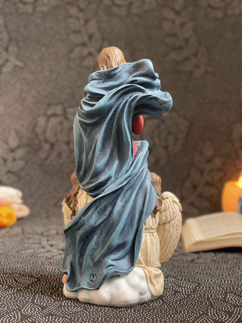 Hand-painted Our Lady Undoer of Knots statue with angels and ribbon detail
