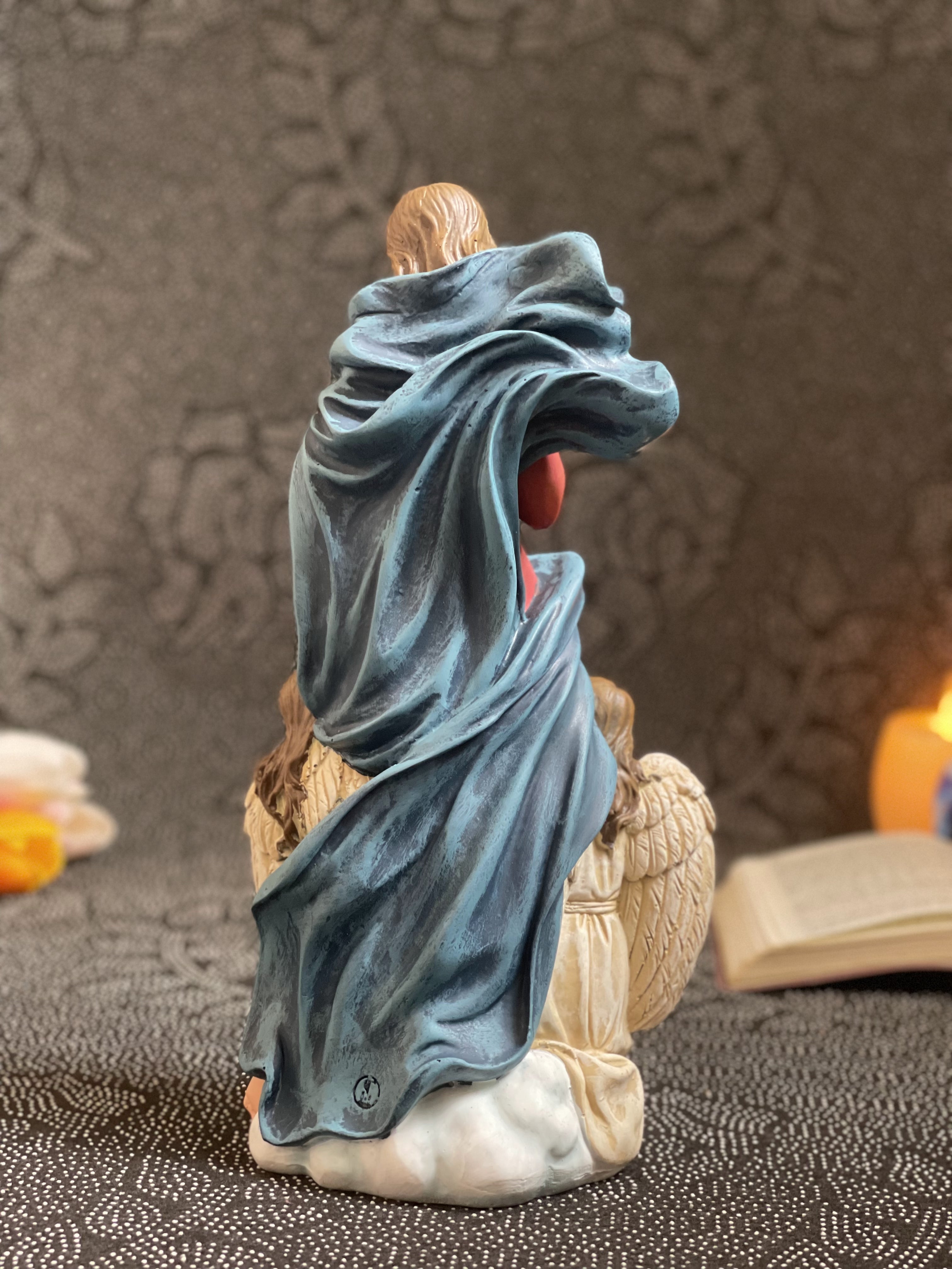 Hand-painted Our Lady Undoer of Knots statue with angels and ribbon detail