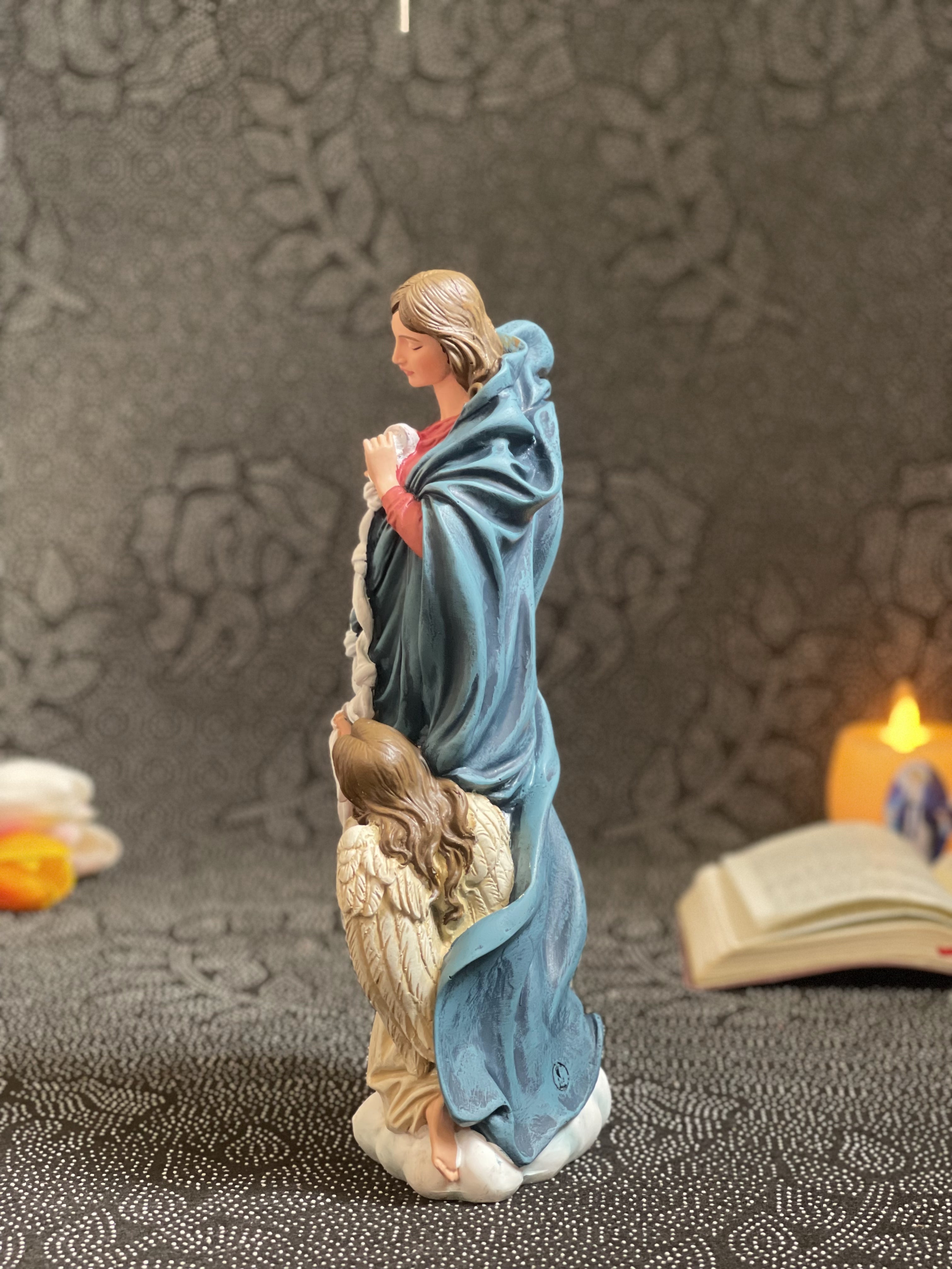 Hand-painted Our Lady Undoer of Knots statue with angels and ribbon detail