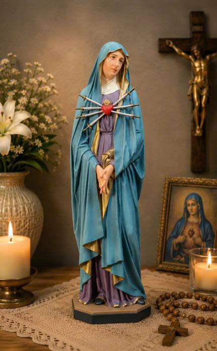 Hand-painted Our Lady of Sorrows statue with blue mantle, pierced heart, and seven swords