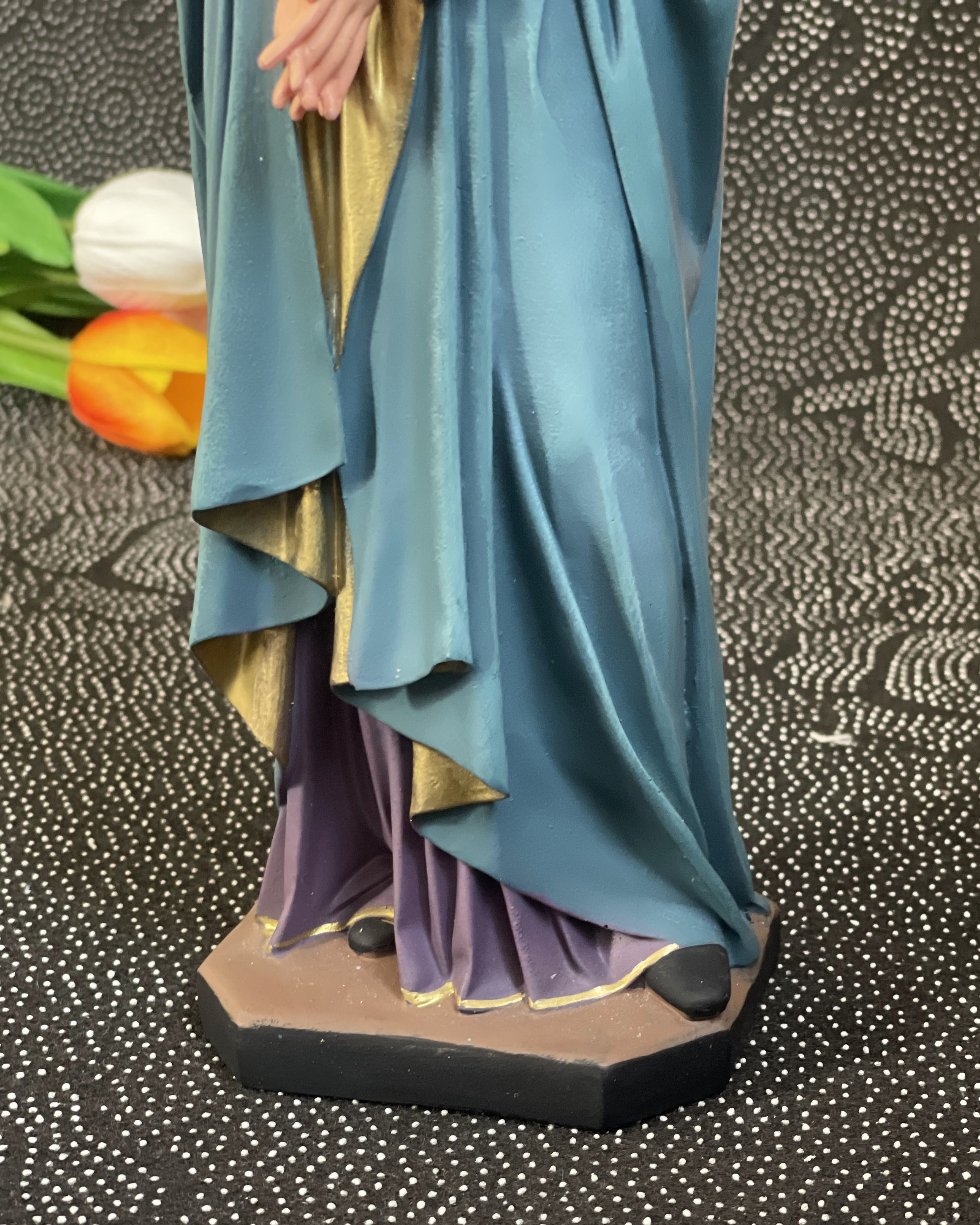 Hand-painted Our Lady of Sorrows statue with blue mantle, pierced heart, and seven swords
