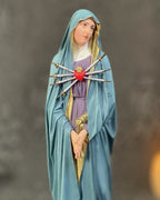 Hand-painted Our Lady of Sorrows statue with blue mantle, pierced heart, and seven swords