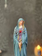 Hand-painted Our Lady of Sorrows statue with blue mantle, pierced heart, and seven swords