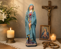 Hand-painted Our Lady of Sorrows statue with blue mantle, pierced heart, and seven swords