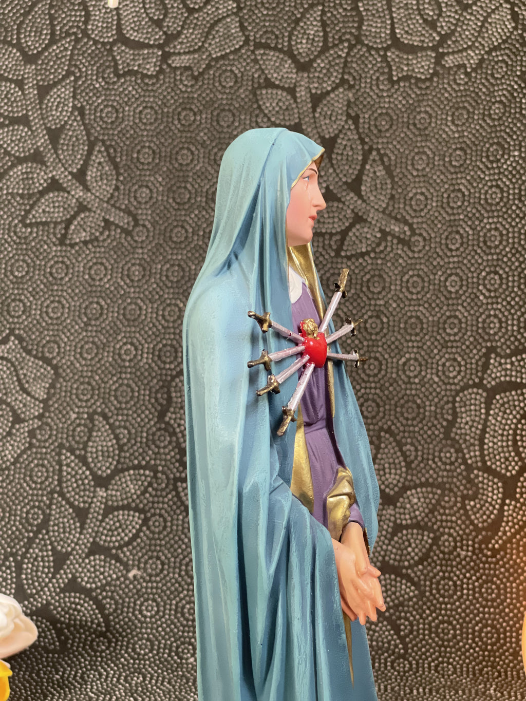 Hand-painted Our Lady of Sorrows statue with blue mantle, pierced heart, and seven swords