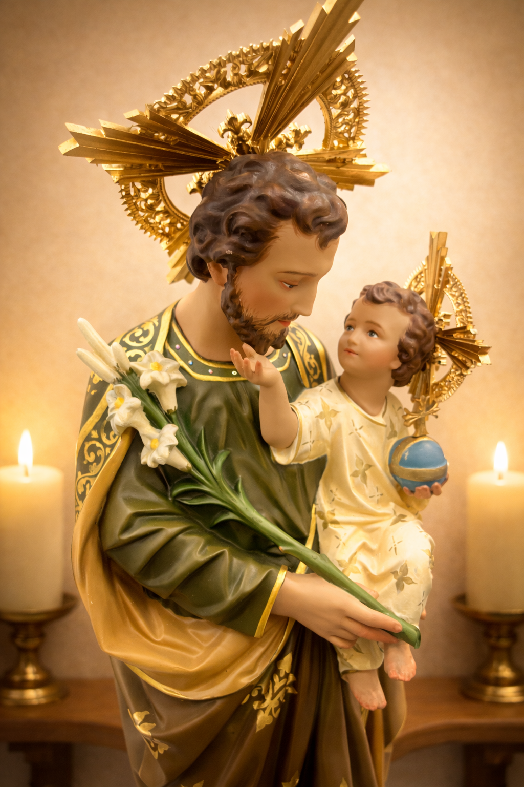 Hand-painted Saint Joseph with Infant Jesus statue for Catholic home altar