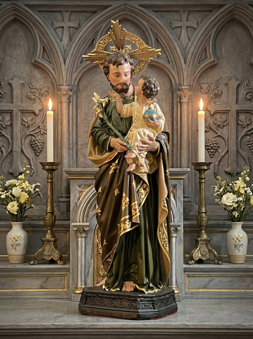 Hand-painted Saint Joseph with Infant Jesus statue for Catholic home altar
