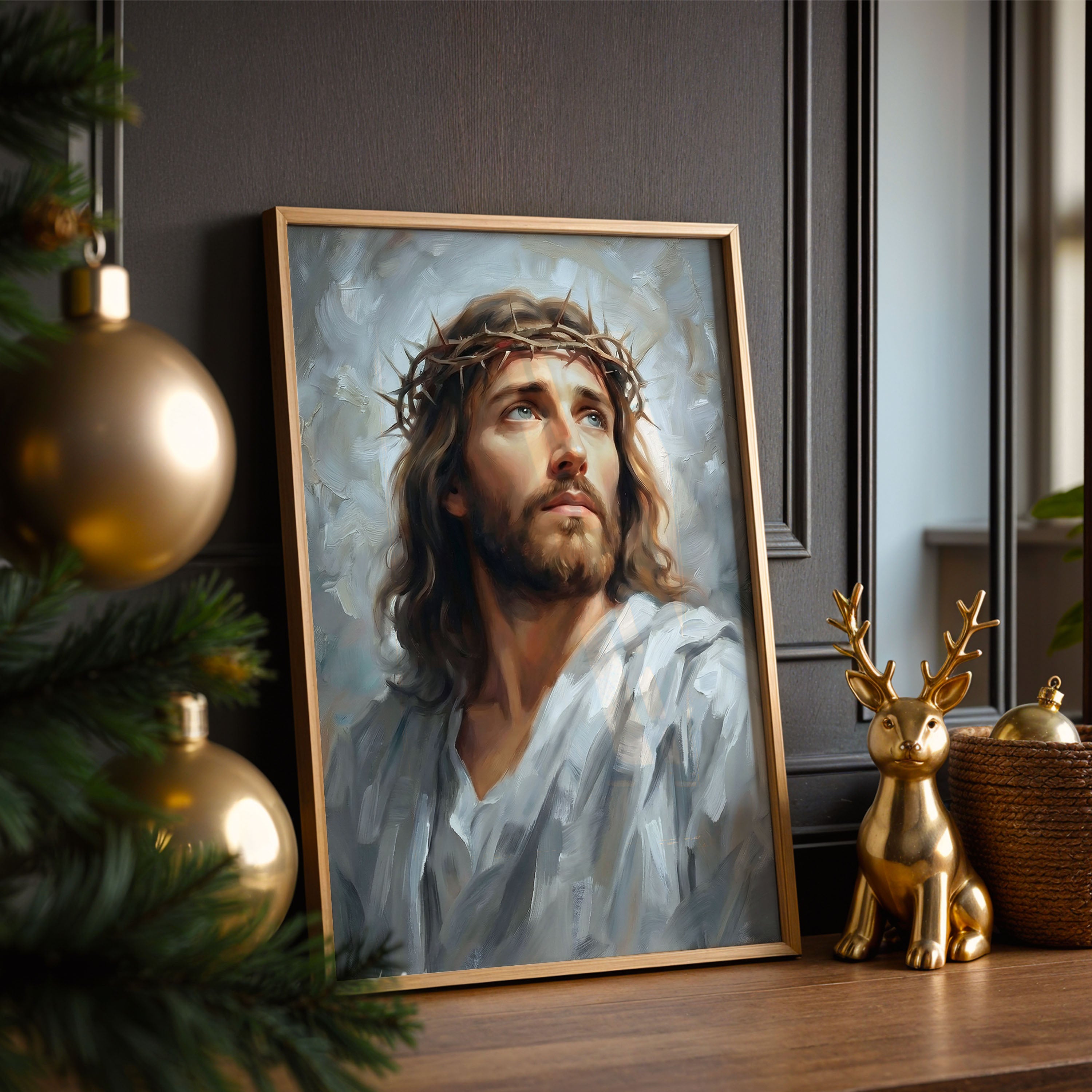 Jesus Crown of Thorns Wall Art Canvas Print, Christ Portrait Christian Painting, Religious Home Decor
