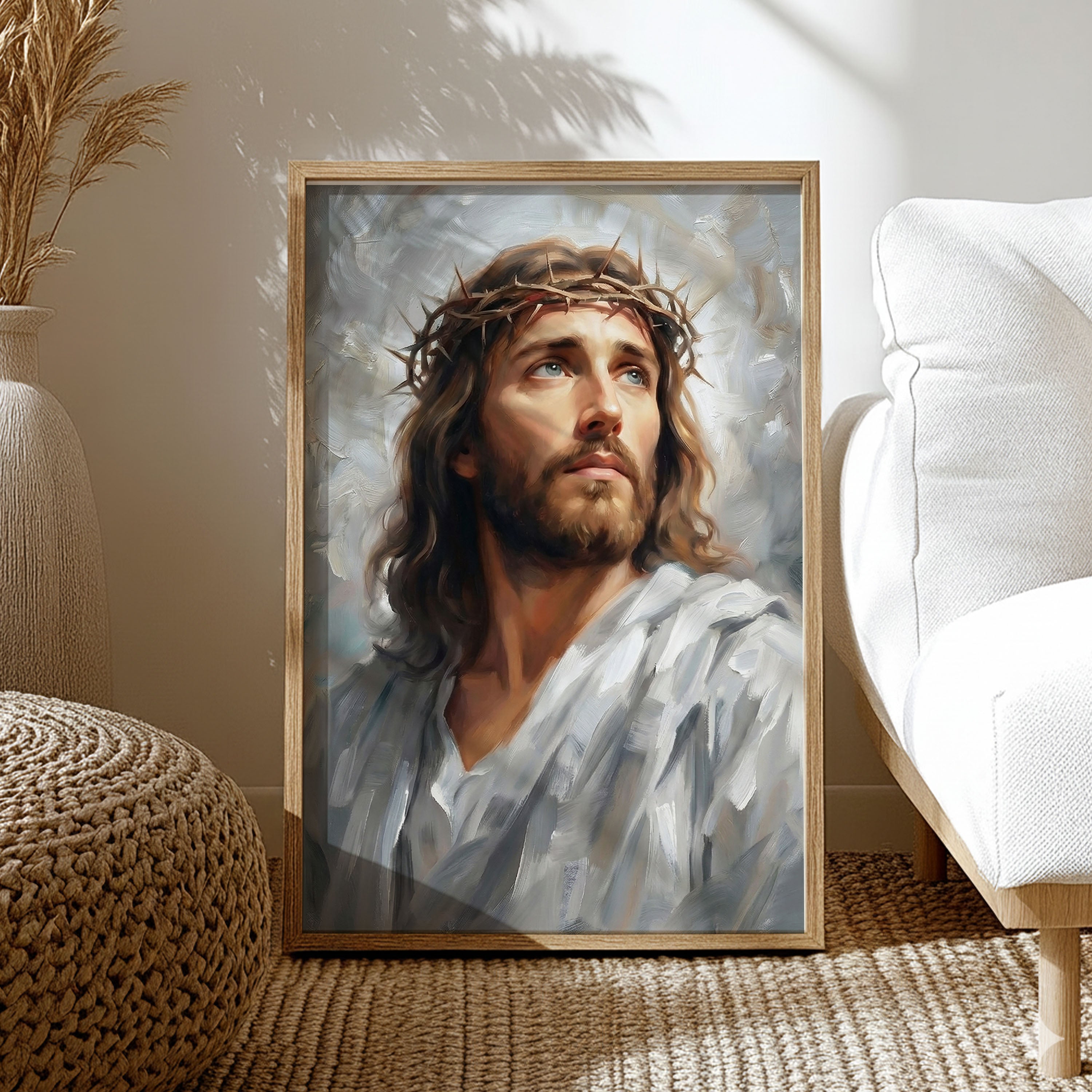 Jesus Crown of Thorns Wall Art Canvas Print, Christ Portrait Christian Painting, Religious Home Decor