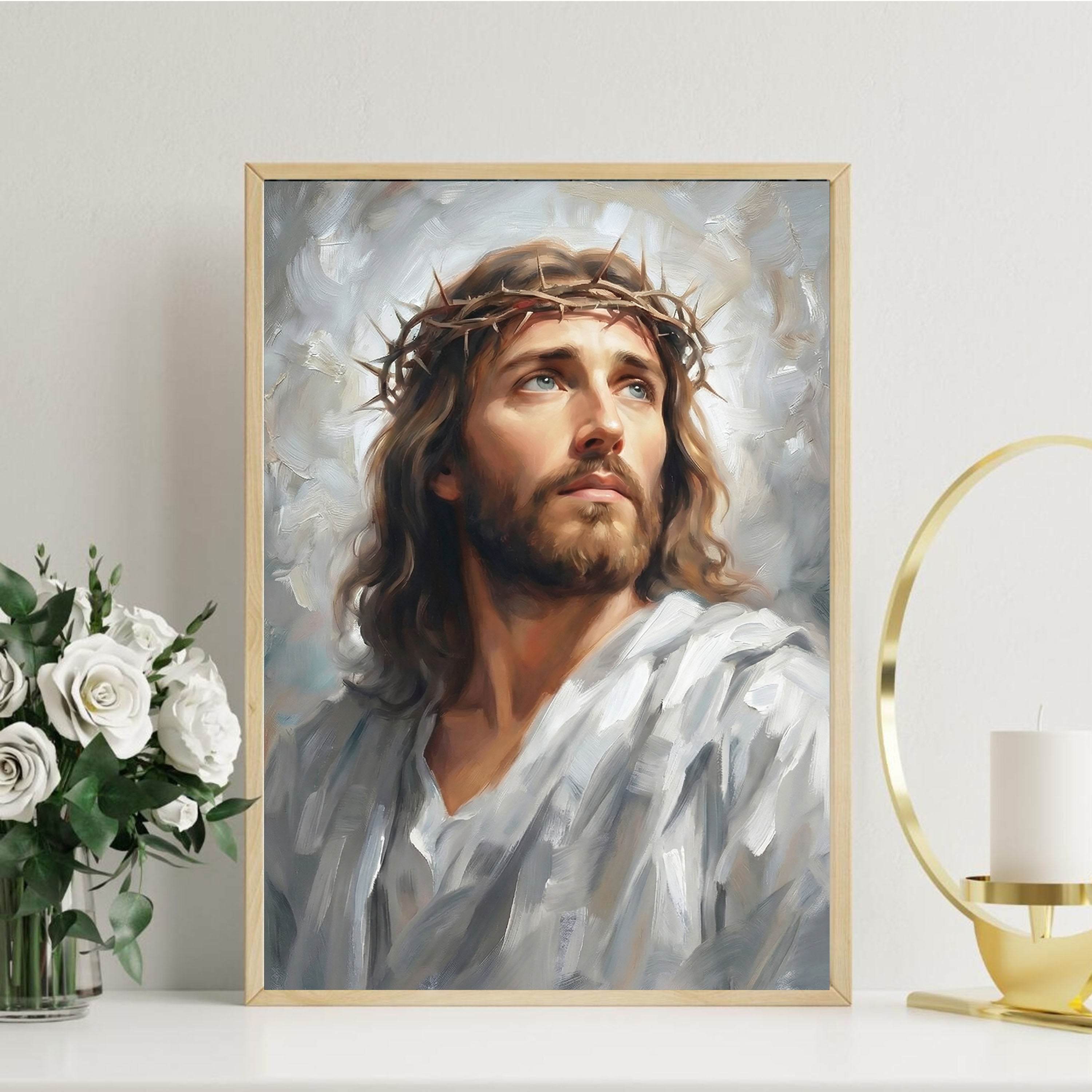 Jesus Crown of Thorns Wall Art Canvas Print, Christ Portrait Christian Painting, Religious Home Decor