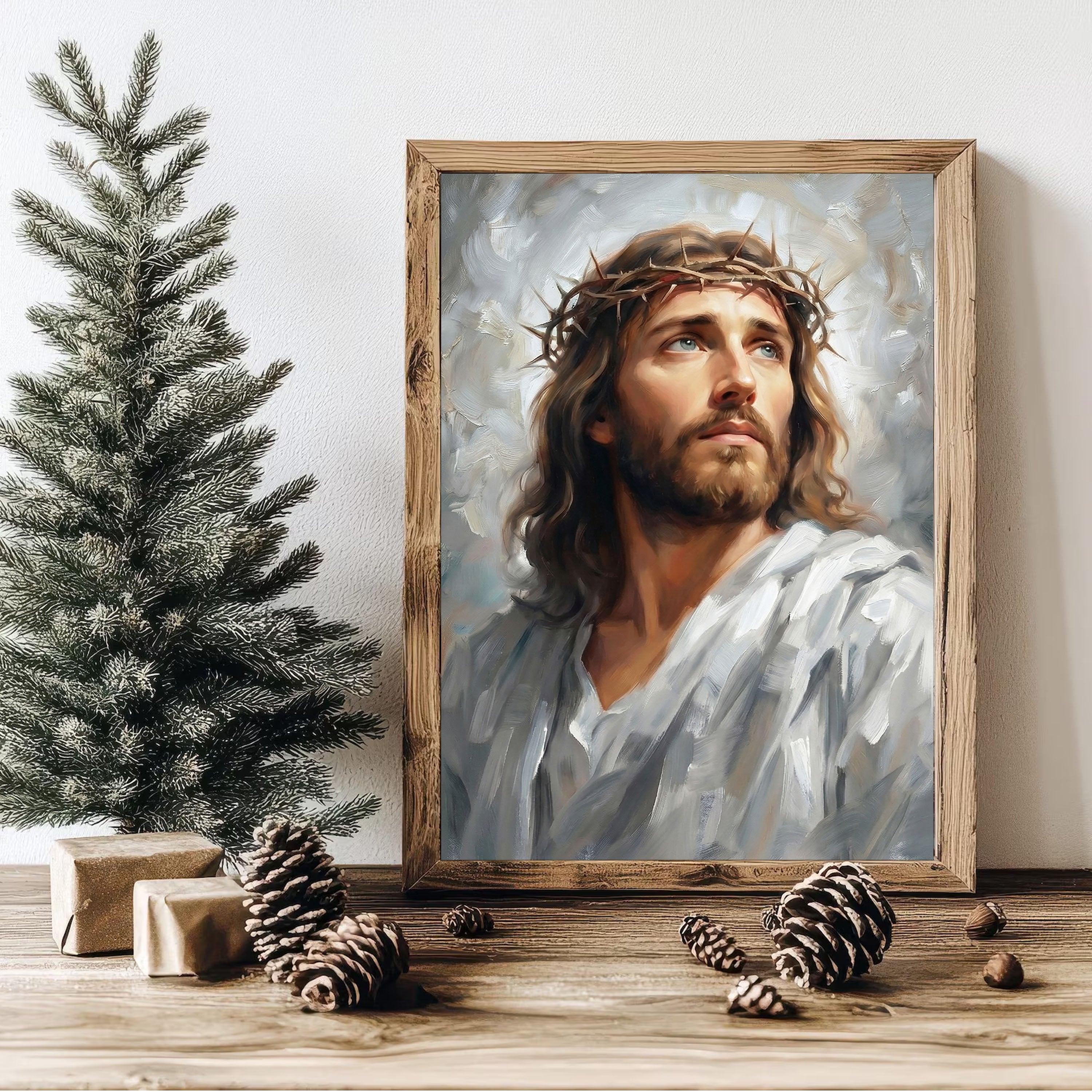 Jesus Crown of Thorns Wall Art Canvas Print, Christ Portrait Christian Painting, Religious Home Decor