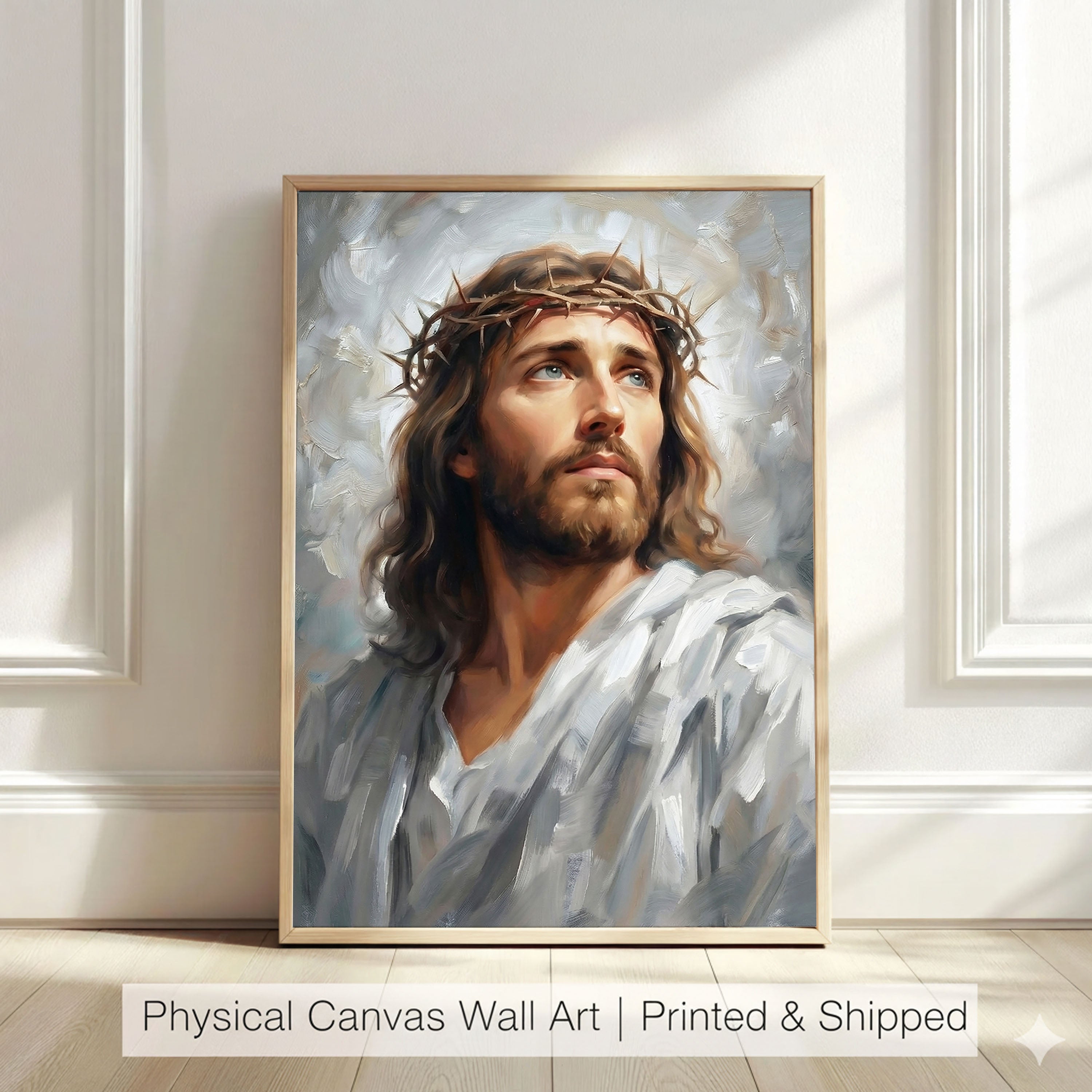 Jesus Crown of Thorns Wall Art Canvas Print, Christ Portrait Christian Painting, Religious Home Decor